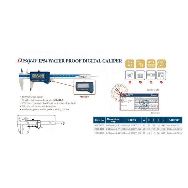 H & H Industrial Products Dasqua 0-300mm / 0-12" IP54 Waterproof Digital Caliper 2000-1015